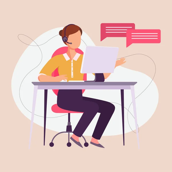 Çağrı merkezinde çalışan, kulaklıklı, genç, dost canlısı bir bayan ajan. Destek, yardım, çağrı merkezi kavramları. Düz biçimli vektör illüstrasyonu.