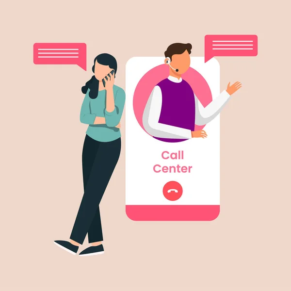 Müşteri hizmetlerini arayan genç bir kız. Merkez arıyor. Müşteriyle çevrimiçi danışmanlık operatörü. Renkli düz vektör çizimi.