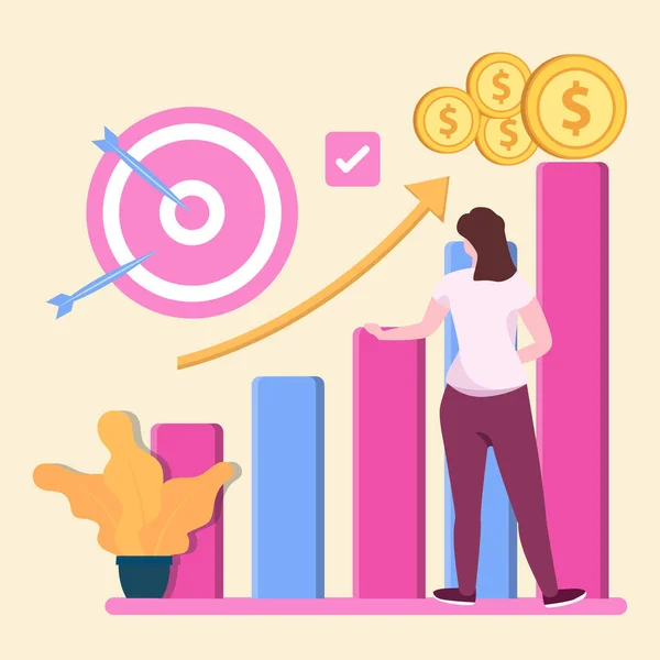 Kadınlar, büyük kârlar elde etmek için yapılan iş geliştirme çalışmalarından çok memnun. Vektör renkli illüstrasyon.