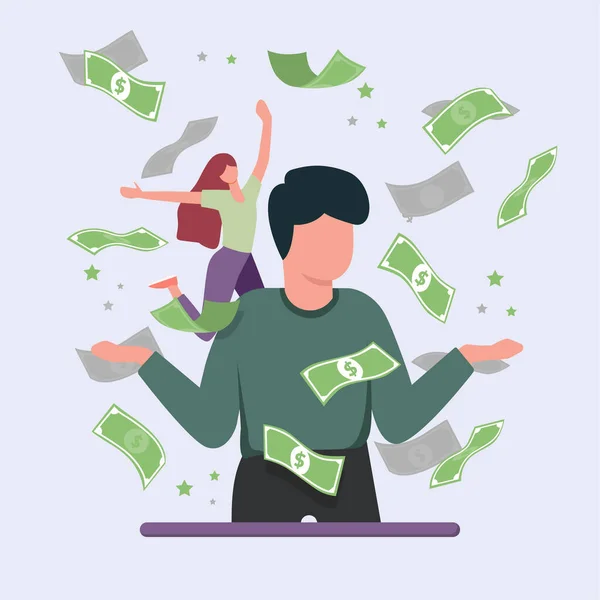 Mutlu genç oğlan ve kız kardeş piyango kazandıkları için para kaçırıyorlar. Vektör renkli illüstrasyon düzlüğü