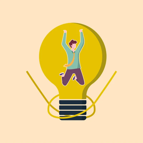 Genç işçi çok mutlu. Atlıyor ve elektrik lambasını düşünerek bir çözüm buluyor. Yaratıcı fikir ve ilham konsepti. Vektör illüstrasyonu.