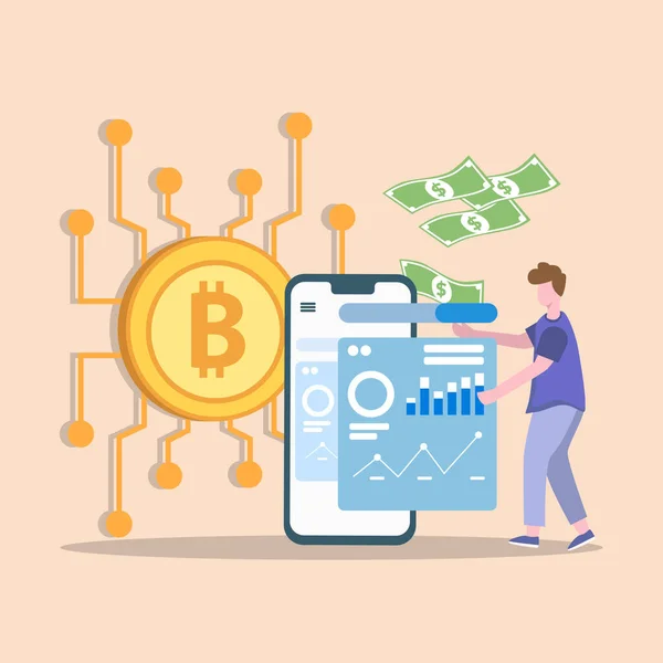 Genç öğrenci cihazında artan ya da büyüyen bir bitcoin ve para birimini gösteriyor. Vektör renkli illüstrasyon düzlüğü.