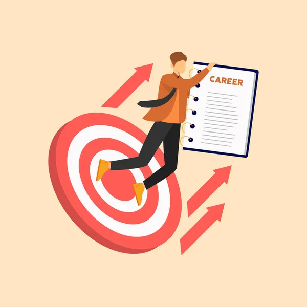 Çalışan hedefine atlıyor ve kariyerini yükseltiyor. Motivasyonu arttır, hedefin başarısına giden yol. Vektör illüstrasyonu.