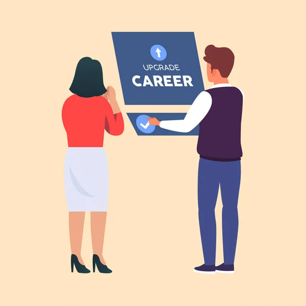 Yönetici ve çalışan, ofisteki kariyerini geliştirmek için dokunmatik ekranı kullanıyor. Renkli düz grafik vektör çizimi.