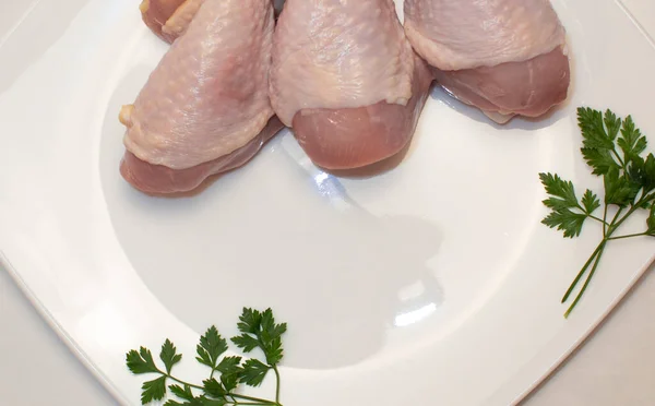 Raw Chicken Legs Plate White Background — Stock Photo, Image