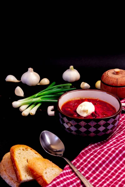 Ukrán Borsch Borscsot Chasnyk Kal Zöldséggel Ukrajnai Nemzeti Étel — Stock Fotó