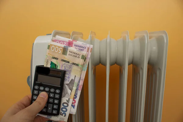 Heating Radiator Money Ukrainian Hryvnia Background Radiator Calculator — Photo