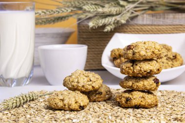 Renkli arka planda yulaf ezmeli kurabiyeler, süt