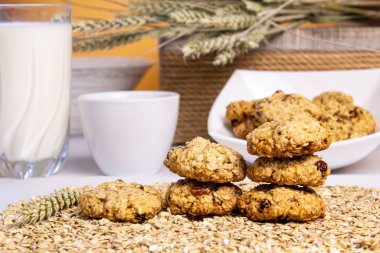 Renkli arka planda yulaf ezmeli kurabiyeler, süt