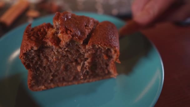 Pessoa que corta torta de chocolate fresco marrom ou bolo com garfo — Vídeo de Stock