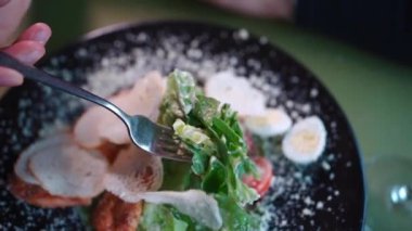 Lezzetli sezar tavuk salatası, taze sebze ve kızarmış ekmek.