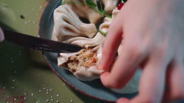 Close Woman Cutting Eating Caucasian Dumpling Beef Filling — Stock Video