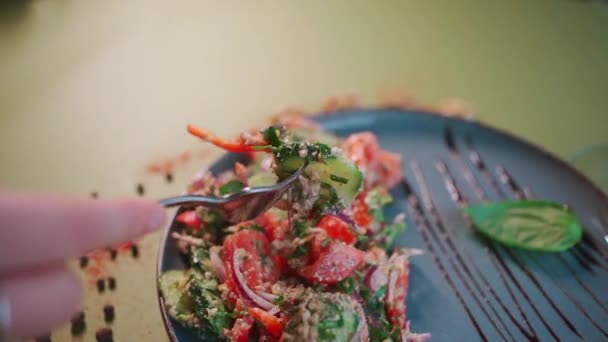 Closeup Eating Fresh Vegetable Salad Nuts Pepper Onion Plate — Vídeos de Stock