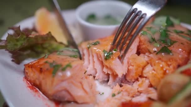 Mão Cortar Peixe Grelhado Com Faca Comer Salada Com Cenoura — Vídeo de Stock