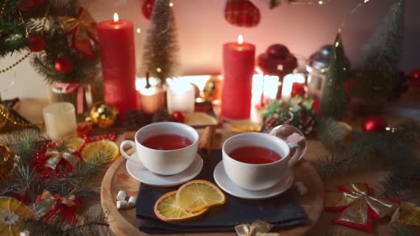 Couple Mugs Traditional Raspberry Tea New Year Eve — 图库视频影像