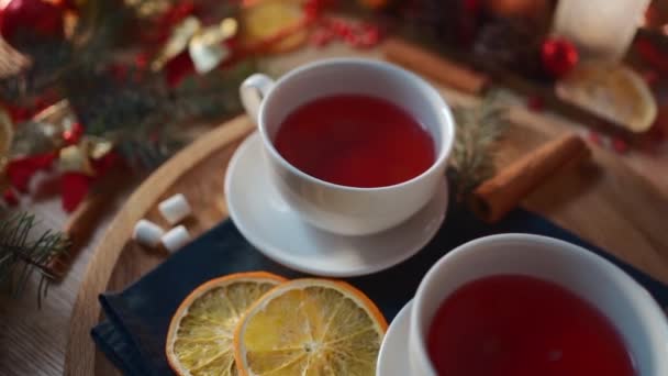 Couple Mugs Traditional Raspberry Tea New Year Eve — Vídeo de Stock
