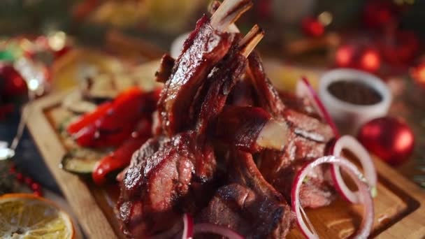 Fresh Grill Rib Meat Bones Pepper Marrow Onion New Year — Vídeo de stock