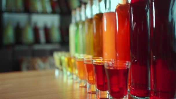 Various Colorful Alcoholic Drinks Shooters Transparent Bottles — Stok video