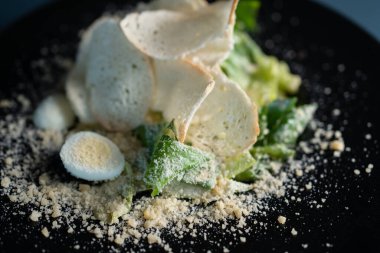 Salata, marul romaine, parmesan peyniri, kızarmış ekmek ve tavuksuz yumurta, vejetaryen diyet konsepti.