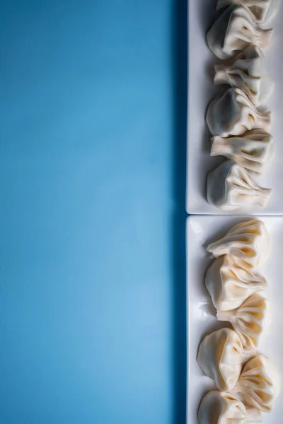 National Georgian Hinkali Dumpling Plates Flat Lay Copy Space Blue — 图库照片