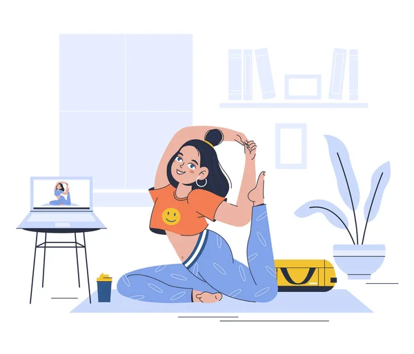 Yoga hemma. En ung kvinna sitter i en meditation pose i en lägenhet — Stock vektor