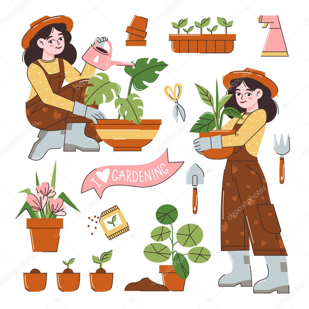 Funny happy girl taking care of houseplants growing in planters. Young cute woman cultivating potted plants at home. Female character enjoying her hobby. Flat cartoon colorful vector illustration.