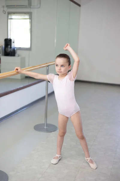 Pequena Menina Bailarina Criança Tutu Rosa Pálido Sapatos Balé Praticando — Fotografia de Stock
