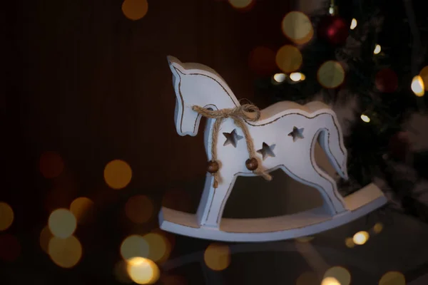 Toy Wooden White Rocking Horse New Years Interior Christmas Decoration — Stock Photo, Image