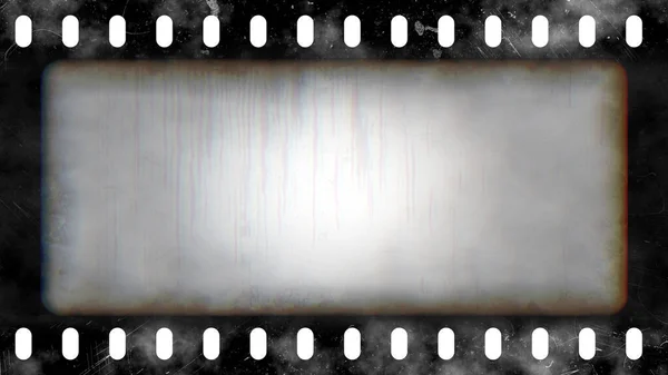 Vintage grunge film frame isolated on white background. Dirty gritty analog chromatic aberration border texture overlay in 8k 16:9 ratio. Corroded, scratched and streaked negative strip 3D rendering