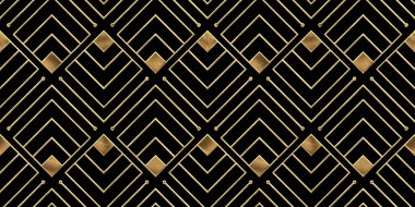 Seamless golden Art Deco diamond line pattern. Vintage abstract geometric gold plated relief sculpture on dark black background. Modern elegant metallic luxury backdrop. High resolution 3D rendering
