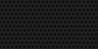 Seamless dark black perforated steel grid background texture. Tileable charcoal grey grunge metal speaker grill with punctured holes pattern. Elegant high resolution metallic backdrop 3D rendering