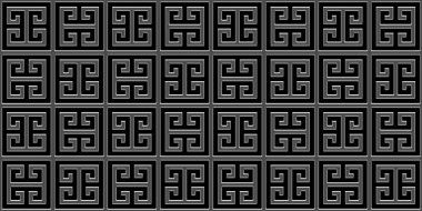 Kusursuz siyah ve gümüş renkli lüks geometrik Yunan dekoratif arka plan dokusu. Modern, zarif, parlak, metalik, soyut arkaplan, süslü kare çizgi motifli. 3B görüntüleme