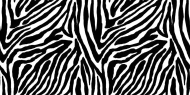 Kusursuz el boyası zebra derisi deseni. Siyah-beyaz portatif Afrika safari hayvanlarının arka plan baskısı. Tek renkli cesur soyut dalgalı zayıf orman kaplanı çizgileri motifi