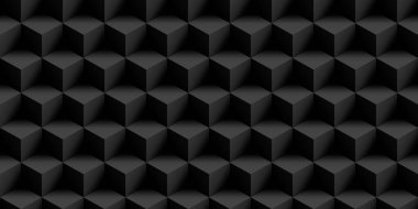 Kusursuz soyut siyah izometrik küp arkaplan dokusu. Zarif modern geometrik kareler duvar kağıdı deseni. Üstü kapalı koyu gri teknoloji arka plan tasarım şablonu. 3d oluşturma