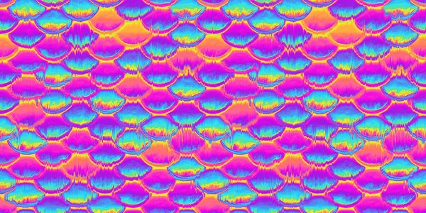 Seamless psychedelic rainbow fish mermaid or dragon scales pattern background texture. Trippy hippy abstract snake skin dopamine dressing fashion motif. Colorful neon ombre retro wallpaper backdrop