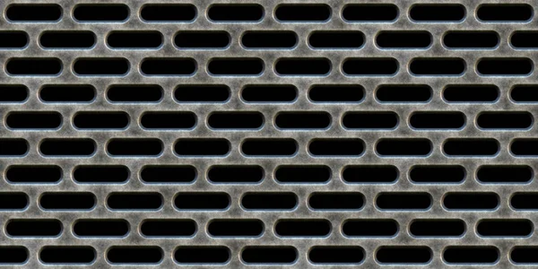 Seamless perforated metal catwalk texture isolated on black background. Tileable rough grungy silver grey industrial steel pill shaped floor grate, grille or mesh repeat pattern. 3D rendering