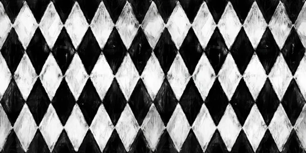 Seamless painted diamond harlequin black and white artistic acrylic paint texture background. Creative grunge monochrome hand drawn rhombus mosaic tiles tileable surface pattern design. 3D Rendering