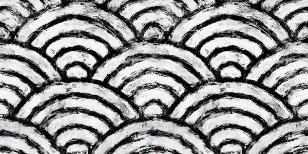 Seamless painted japanese seigaiha sea waves, a black and white artistic acrylic paint texture background. Creative grunge monochrome hand drawn rainbow scales tileable pattern design. 3D Rendering