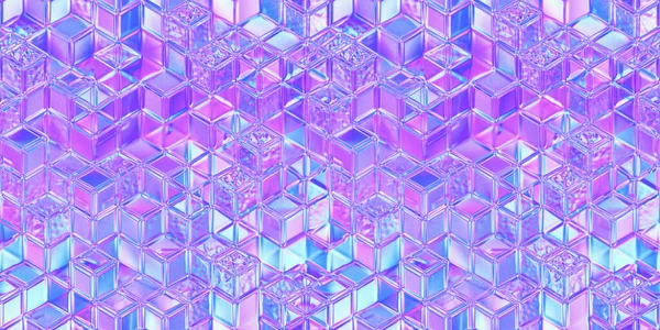 Seamless frosted etched glass 80s holographic purple aesthetic stacked isometric cube wall background texture. Abstract shiny pink and blue neon blur geometric squares surreal pattern. 3D rendering
