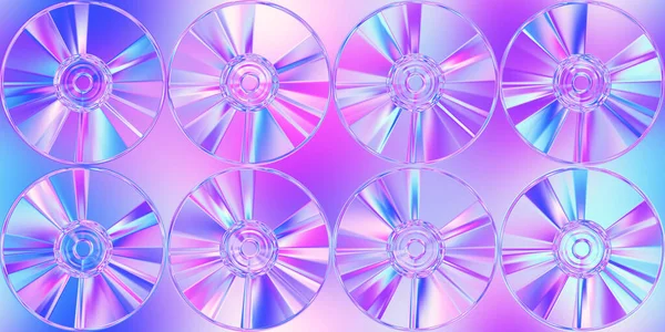 Seamless retro 80s purple aesthetic CD or DVD compact discs etched in plastic jelly plexiglass background texture. Iridescent abstract neon pink and blue webpunk or vaporwave pattern. 3D rendering