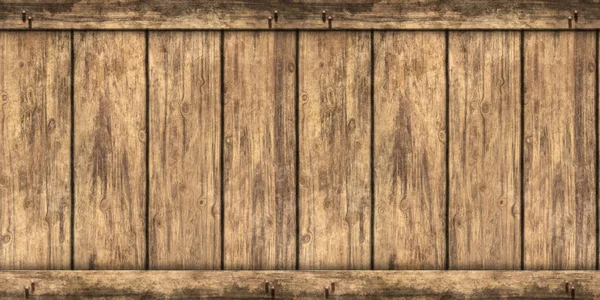 Seamless wood barrel or wooden crate or shipping box background texture. Tileable rustic grunge redwood or oak planks with wooden straps. Vintage winery freight or storage concept 3D rendering