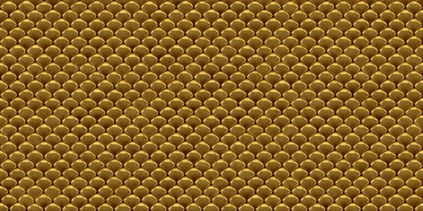 Seamless gold snake or dragon scales background pattern. Golden tileable texture of a mermaid tail, fish squama or lizard skin in shiny metallic yellow. A high resolution backdrop 3D rendering.