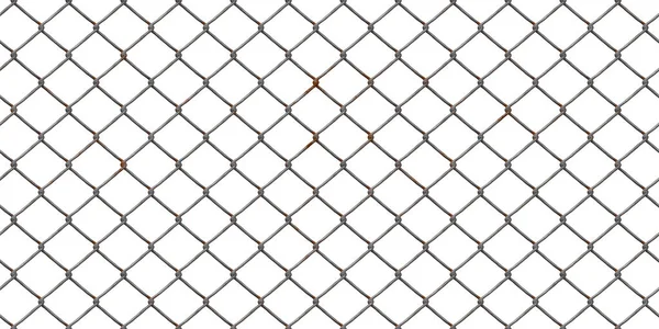 Seamless rusted chain link wire fence background texture isolated on white. Tileable metal diamond mesh urban fencing repeat surface pattern.  A high resolution construction backdrop 3D rendering.