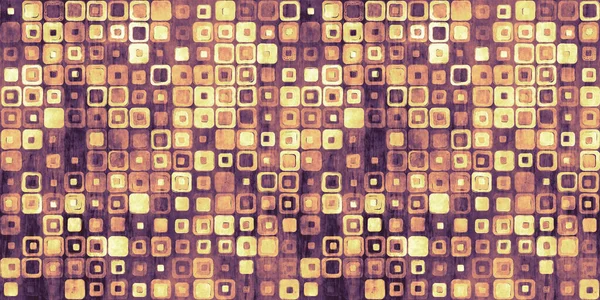 レトロ同心円状パッチワーク正方形のコラージュ70年代壁紙パターン 温かいヴィンテージラストオレンジ 黄色と紫の茶色の幾何学的なグランジ水彩シームレスなテキスタイルデザインの背景 3Dレンダリング — ストック写真