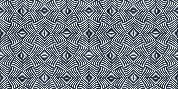 Seamless vintage mid century modern geometric optical illusion circle pattern on rough linen texture. Trendy dark indigo blue denim and white batik tribal ethnic interior and fashion surface design