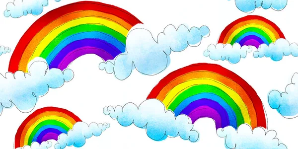 Seamless colorful rainbow and clouds hand drawn watercolor and crayon children\'s drawing background. Playful nursery wallpaper sky pattern. LGBTQ pride or diversity concept backdrop. 3D Rendering.