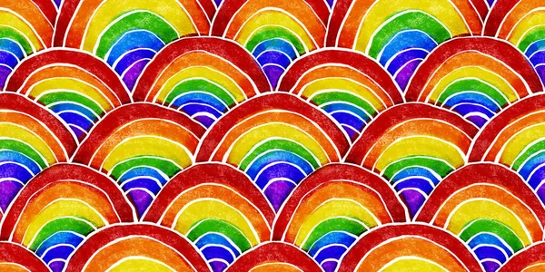 水彩とクレヨンの虹を描いたシームレスなカラフルな手は 子供の絵の背景を拡大します 遊び心のある保育園の壁紙パターン Lgbtqの誇りの旗や多様性の概念の背景 3Dレンダリング — ストック写真