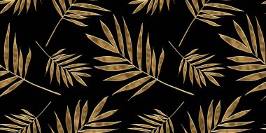 Kusursuz altın palmiye yaprağı tekrar deseni. Koyu siyah arka planda klasik altın kaplama yaprak kabartma heykeli. Modern zarif metalik lüks fon. Azami yaldızlı duvar kağıdı 3D görüntüleme