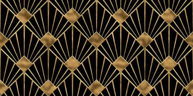 Seamless golden Art Deco diamond palm fan or shell line pattern. Vintage 1920 geometric gold plated relief sculpture on dark black background. Modern elegant metallic luxury backdrop. 3D rendering clipart