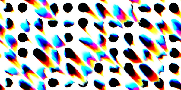 无缝隙的黑白波尔卡圆点背景纹理与被破坏和扭曲的全息彩虹光泄漏着色酸风效应 Neon Rave Aesthetic Web Punk Cyberpunk Textile Pattern — 图库照片